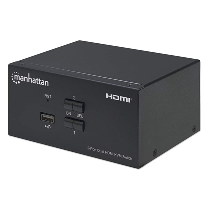 Picture of Manhattan HDMI KVM Switch 2-Port, 4K@30Hz, USB-A/3.5mm Audio/Mic Connections, Cables included, Audio Support, Control 2x computers from one pc/mouse/screen, USB Powered, Black, Three Year Warranty, Boxed