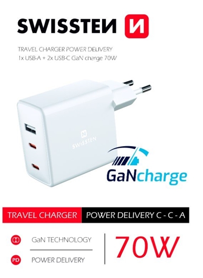 Picture of Swissten GaN Travel Charger 2 x USB-C / USB / 70W