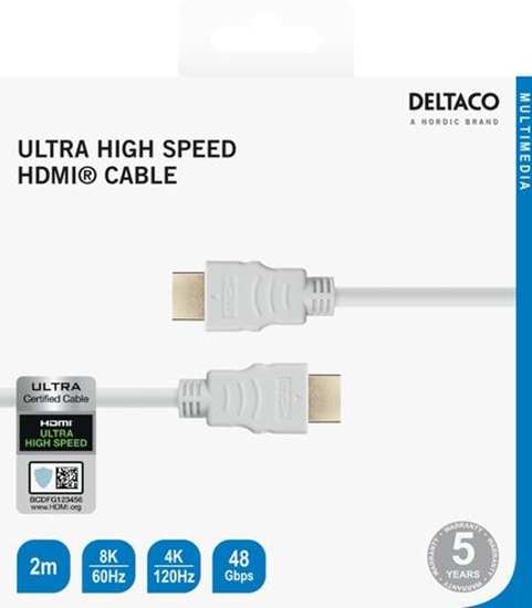 Picture of Kabelis DELTACO Ultra High Speed HDMI, ARC, QMS, 8K in 60Hz, 4K UHD in 120Hz, 2m, baltas / HU-20A-R