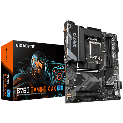 Picture of Gigabyte | B760 GAMING X AX 1.1 M/B | Processor family Intel | Processor socket  LGA1700 | DDR5 DIMM | Memory slots 4 | Supported hard disk drive interfaces 	SATA, M.2 | Number of SATA connectors 4 | Chipset Intel B760 Express | ATX
