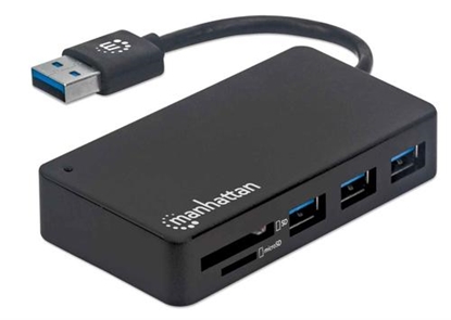 Attēls no Manhattan USB-A 3-Port Hub with Card Reader, 3x USB-A ports, 5 Gbps (USB 3.2 Gen1 aka USB 3.0), SD, MicroSD, MMC and Memory Stick; Bus Power, SuperSpeed USB, Black, Three Year Warranty, Box