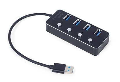 Attēls no USB Centrmezgls Gembird USB 3.1 Powered 4-port Hub with Switches Black