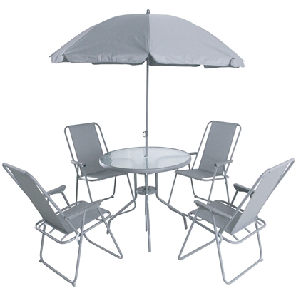 Attēls no Dārza mēbeļu komplekts, galds, 4 krēsli un pelēks lietussargs