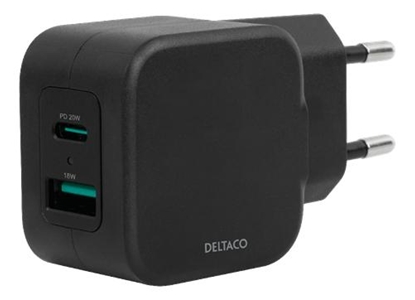 Attēls no Adapteris DELTACO 1x USB-A 18 W, 1x USB-C PD 20 W, juodas / USBC-AC148