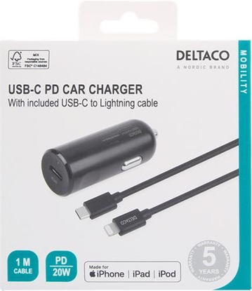 Изображение Auto įkroviklis DELTACO 12/24 V, 20W  su USB-C - iPhone Lightning 1m kabeliu, juodas / USBC-CAR124
