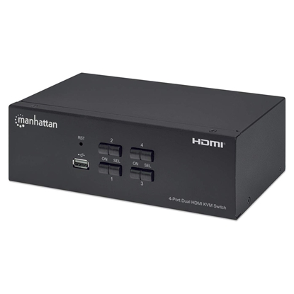 Attēls no Manhattan HDMI KVM Switch 4-Port, 4K@30Hz, USB-A/3.5mm Audio/Mic Connections, Cables included, Audio Support, Control 4x computers from one pc/mouse/screen, USB Powered, Black, Three Year Warranty, Boxed