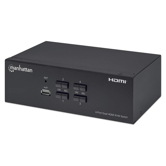 Picture of Manhattan HDMI KVM Switch 4-Port, 4K@30Hz, USB-A/3.5mm Audio/Mic Connections, Cables included, Audio Support, Control 4x computers from one pc/mouse/screen, USB Powered, Black, Three Year Warranty, Boxed