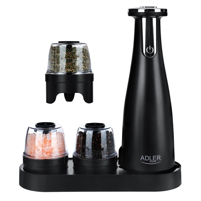 Изображение Adler | Electric Salt and pepper grinder | AD 4449b | Grinder | 7 W | Housing material ABS plastic | Lithium | Mills with ceramic querns; Charging light; Auto power off after: 3 minutes; Fully charged for 120 minutes of continuous use; Charging time: 2.5 