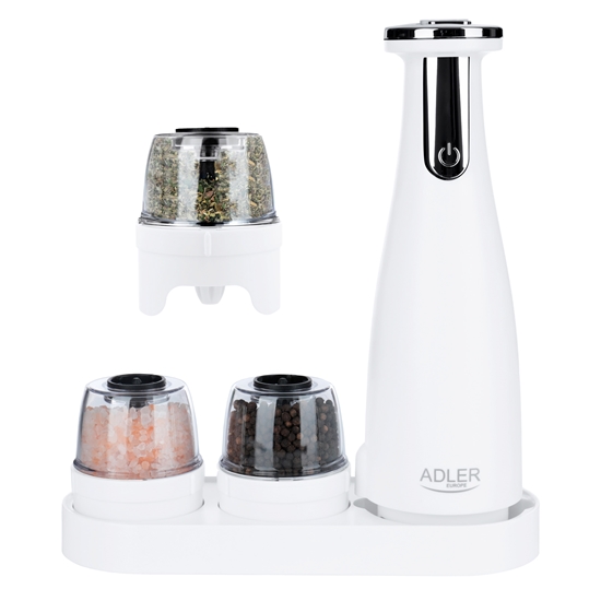 Изображение Adler | Electric Salt and pepper grinder | AD 4449w | Grinder | 7 W | Housing material ABS plastic | Lithium | Mills with ceramic querns; Charging light; Auto power off after: 3 minutes; Fully charged for 120 minutes of continuous use; Charging time: 2.5 