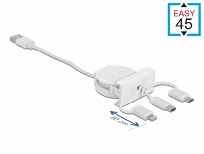 Attēls no Delock Easy 45 Module USB 2.0 3 in 1 Retractable Cable USB Type-A to USB-C™, Micro USB and Lightning white