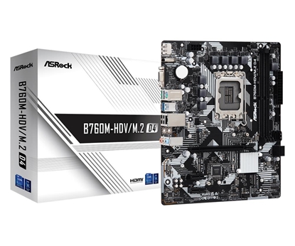 Attēls no Mainboard|ASROCK|Intel B760 Express|LGA1700|Micro-ATX|Memory DDR4|Memory slots 2|2xPCI-Express 3.0 1x|1xPCI-Express 4.0 16x|2xM.2|1x15pin D-sub|1xHDMI|1xDisplayPort|2xUSB 2.0|3xUSB 3.2|1xUSB-C|1xPS/2|1xRJ45|3xAudio port|B760M-HDV/M.2D4