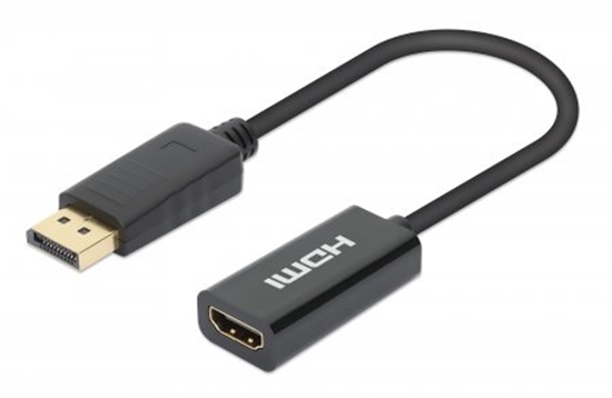 Picture of Manhattan DisplayPort 1.2 to HDMI Active Adapter, 4K@60Hz, 15cm, Male to Female, DP With Latch, Black, Not Bi-Directional, Three Year Warranty, Polybag