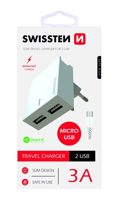 Attēls no Swissten Smart IC Travel Charger 2x USB 3А / 15W With Micro USB Cable 1.2m
