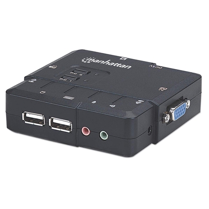 Picture of Manhattan KVM Switch Compact 2-Port, 2x USB-A, Cables included, Audio Support, Control 2x computers from one pc/mouse/screen, Black, Lifetime Warranty, Boxed
