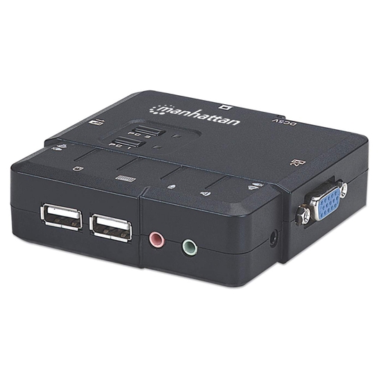 Picture of Manhattan KVM Switch Compact 2-Port, 2x USB-A, Cables included, Audio Support, Control 2x computers from one pc/mouse/screen, Black, Lifetime Warranty, Boxed