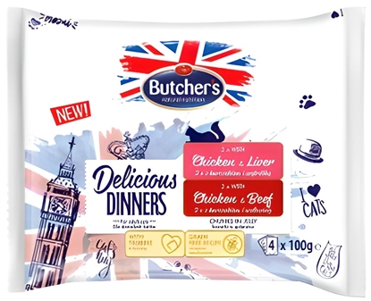 Изображение BUTCHER'S Delicious Dinners Chicken with liver, Chicken with beef - wet cat food - 4 x 100g