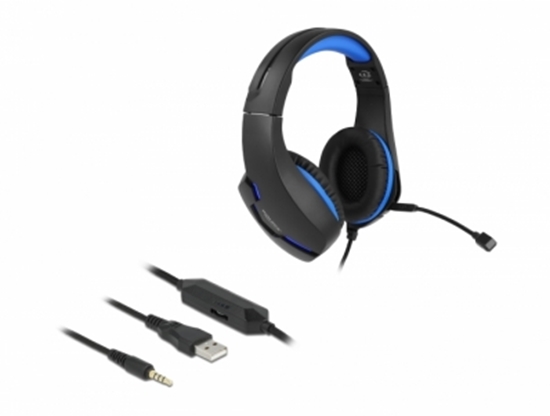 Picture of Delock Gaming Headset Over-Ear with 3.5 mm Stereo jack and blue LED light for PC, Laptop and Game Consoles
