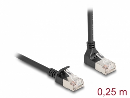 Picture of Delock RJ45 Network Cable Cat.6A S/FTP Slim 90° downwards angled / straight 0.25 m black