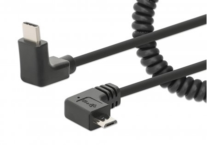 Attēls no Manhattan USB-C to Micro-USB Cable, 1m, Male to Male, Black, 480 Mbps (USB 2.0), Tangle Resistant Curly Design, Angled Connectors, Ideal for Charging Cabinets/Carts, Hi-Speed USB, Lifetime Warranty, Polybag
