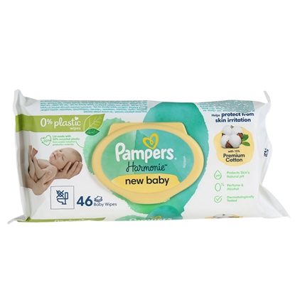 Изображение Mitrās salvetes Pampers Harmonie New Baby Plastic Free 46gab
