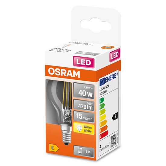 Picture of Osram Parathom Classic P Filament 40 non-dim 4W/827 E14 bulb | Osram | Parathom Classic P Filament | E14 | 4 W | Warm White