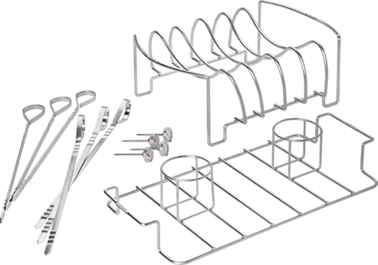 Изображение Rinkinys mėsai kepti: 6 iešmai ir 4 termometrai, grotelės šonkauliams bei dvigubas stovas vištoms