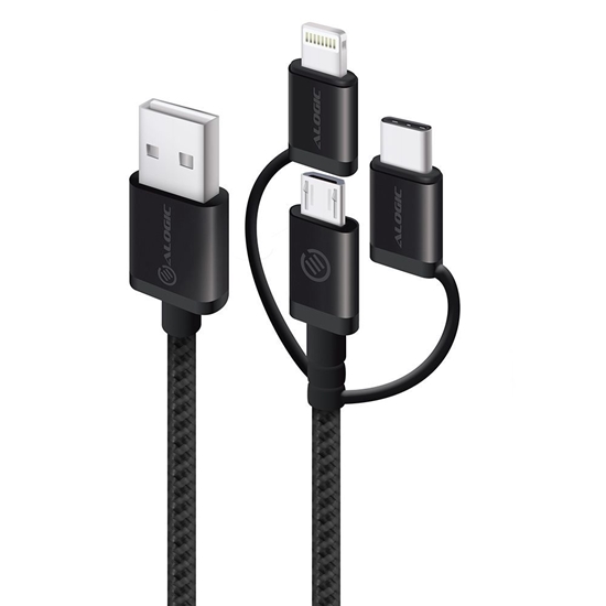 Изображение ALOGIC 3-in-1 Charge & Sync Combo Cable - Micro USB + Lightning + USB-C - Prime Series - 30cm - Black