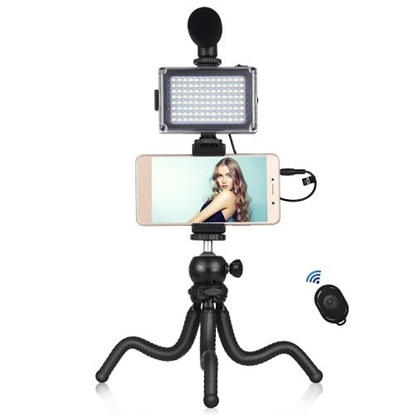 Изображение Blogerio rinkinys su lanksčiu stovu, LED apšvietimu, telefono laikikliu ir mikrofonu