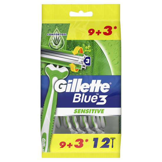 Изображение Gillette Gillette Blue3 Sensitive Vienkartiniai Skustuvai Vyrams, 9+3 vnt.