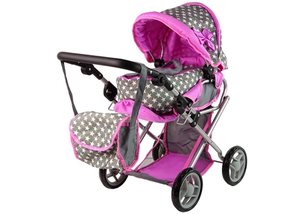 Picture of Gray Pink Stars vaikiškas vežimėlis lėlėms su krepšiu