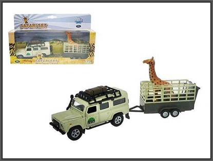 Attēls no Land Rover automobilis su priekaba ir žirafa