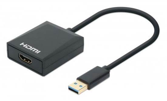Picture of Manhattan USB-A to HDMI Cable, 1080p@60Hz, Converts USB 3.2 Gen1 (aka USB 3.0) signal to HDMI, 15cm, Black, Male to Female, Three Year Warranty, Retail Box