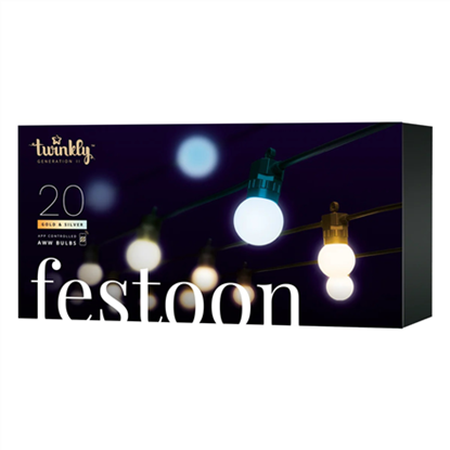 Изображение Twinkly | Festoon Smart LED Lights 40 AWW (Gold+Silver) G45 bulbs, 20m | AWW – Cool to Warm white