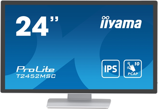 Picture of 23.8” PCAP 10pt touchscreen monitor featuring IPS panel technology, Edge-to-Edge glass design and anti fingerprint coating