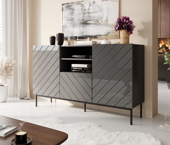 Изображение ABETO chest of drawers on black steel frame 150x42x90 graphite/glossy graphite