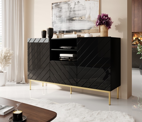 Изображение ABETO chest of drawers on golden steel frame 150x42x90 black/black gloss