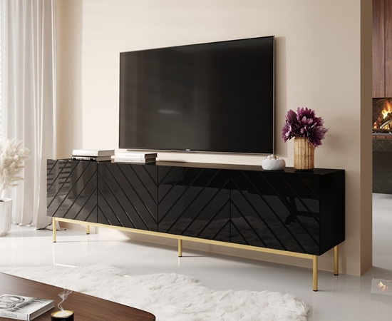 Изображение ABETO RTV cabinet on golden steel frame 200x42x60 black/gloss black