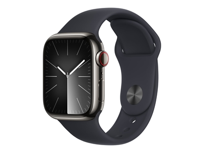 Attēls no Apple Watch Series 9 GPS + Cellular 41mm Graphite Stainless Steel Case with Midnight Sport Band - M/L