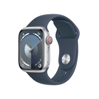 Picture of Apple Watch Series 9 GPS + Cellular 41mm Silver Aluminium Case with Storm Blue Sport Band - S/M