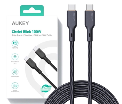 Picture of AUKEY CB-KCC102 USB-C Type-C Power Delivery PD 100W 5A 1.8m Kevlar Black
