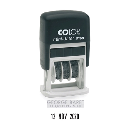 Picture of Zīmogs Colop S160  melns korpuss, bezkrāsas spilventiņš, datuma formāts DD MAY 2026 (mēnesis vārdiem, angliski)