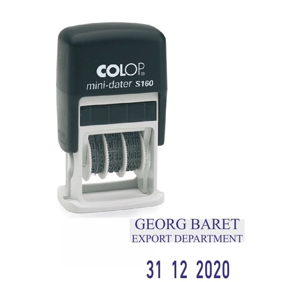 Picture of Zīmogs S160 Dater D03 COLOP melns korpuss, zils spilventiņš, datuma formāts DD.MM.YYYY (mēnesis ar cipariem)