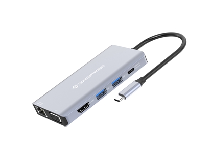 Attēls no Conceptronic DONN20G 10-in-1 USB 3.2 Gen 1 Docking Station, HDMI, VGA, USB-A 3.0 x 3, SD, TF/MicroSD, Audio, GbE LAN, 100W USB PD
