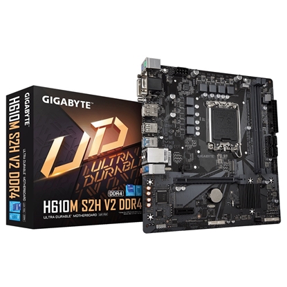 Attēls no Gigabyte H610M S2H V2 DDR4 Motherboard - Supports Intel Core 14th CPUs, 6+1+1 Hybrid Phases Digital VRM, up to 3200MHz DDR4 (OC), 1xPCIe 3.0 M.2, GbE LAN, USB 3.2 Gen 1