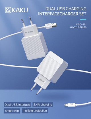 Picture of Kaku KSC-371 Set 2in1 Gudrais Divu USB Ligzdu 2.4A Tīkla Lādētājs + USB uz Lightn  vads 1m 