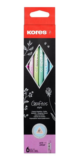Picture of Grafīta zīmuļu komplekts KORES GRAFITOS STYLE ar dzēšgumiju, trīsstūrveida, HB, 6 zīmuļi ar metāla krāsas korpusiem