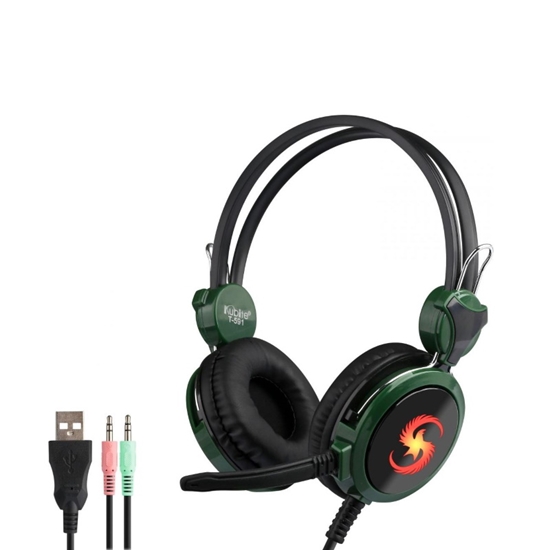 Picture of Kubite T-591 Spēļu Austiņas 40mm draiveri 1.8m Vads 2x 3.5mm audio/mic + USB Zaļa