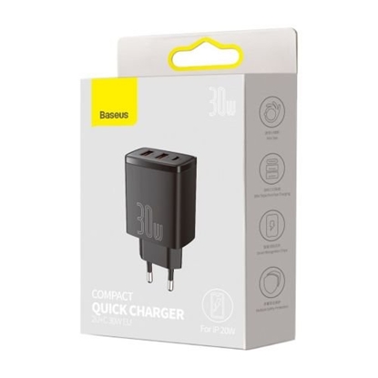 Изображение Lādētājs Baseus Compact Quick Charger 2 x USB + USB-C 30W Black