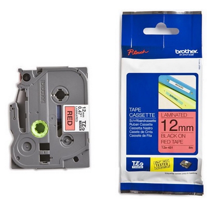 Picture of Lenta BROTHER TZE-431, 12 mm x 8 m, melni burti uz sarkana fona