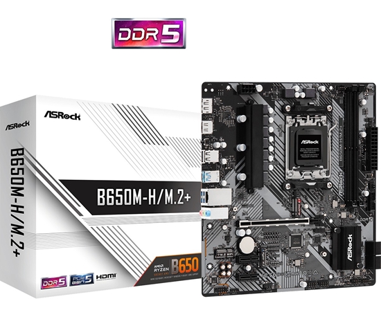 Изображение Mainboard|ASROCK|AMD B650|SAM5|Micro-ATX|Memory DDR5|Memory slots 2|1xPCI-E|2xPCI-Express 4.0 1x|1xPCI-Express 4.0 16x|1xM.2|1xHDMI|1xDisplayPort|1xAudio-In|1xAudio-Out|1xMicrophone|2xUSB 2.0|3xUSB 3.2|1xUSB-C|1xRJ45|B650M-H/M.2+
